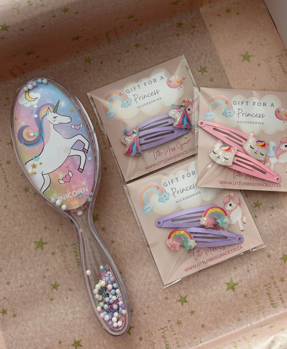Hair Gift Set, Assorted Unicorn Brush with 3 Hair Clip Sets in a gift box