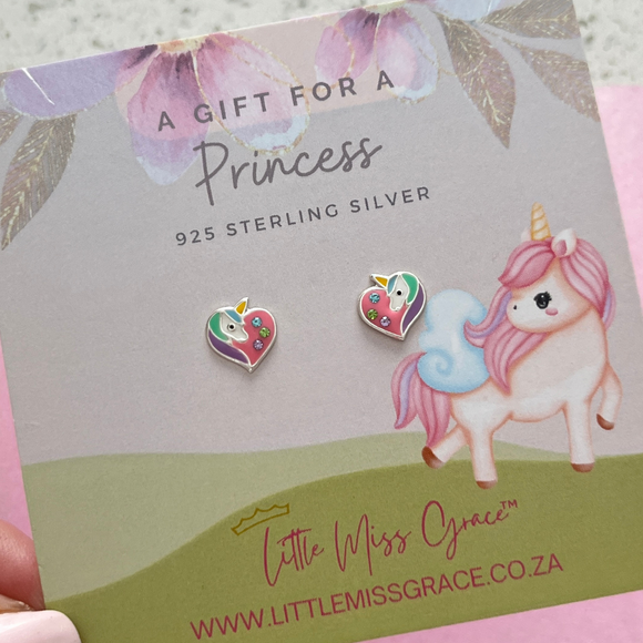 Children's silver heart unicorn ear stud earrings