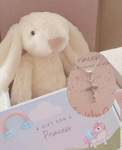 SB33 - Children's Sterling Silver Cross Necklace with Bunny in a gift shipping box