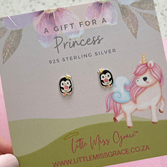 Children's sterling silver penguin with ice cream ear stud earrings