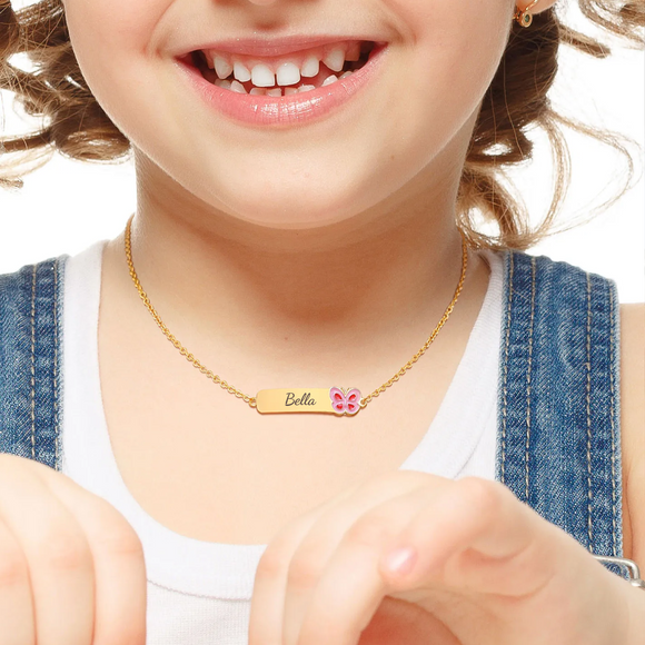 Gift for Girls Personalized Butterfly Name Necklace, Gold Stainless Steel, 3-12 Years (Manufacture Time: 10-14 Days)