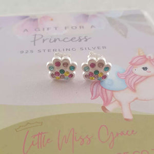 Children's silver crystal paw print earrings