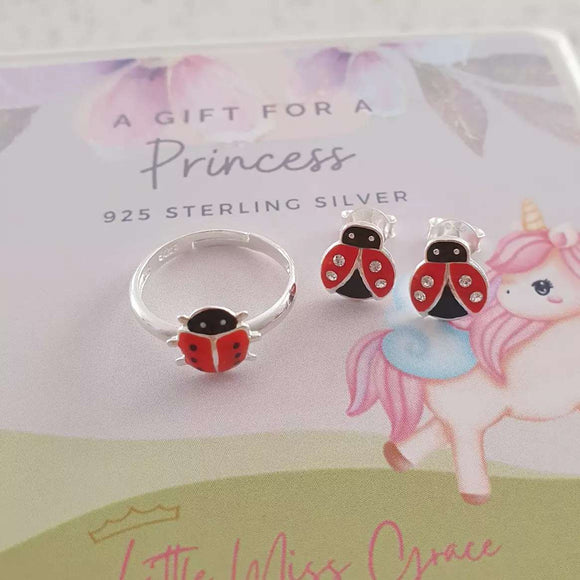 Children's silver ladybug earrings and ring