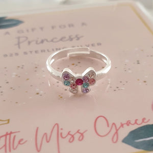 MG382 - 925 Sterling Silver Children's Crystal Bow Ring, Adjustable size age 3-10 years