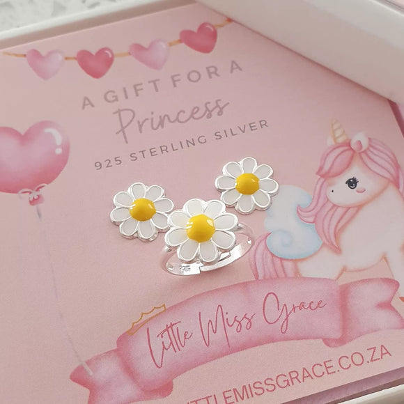 children's silver flower earrings and ring