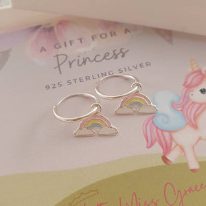 Children's silver hoop earrings with rainbows