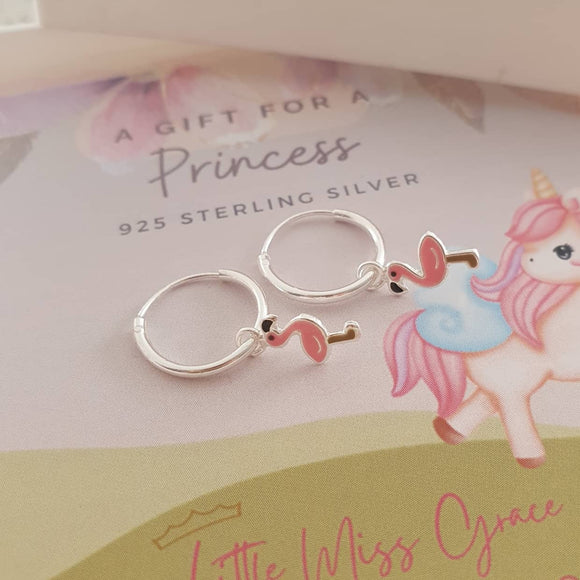 Silver flamingo hoop earrings
