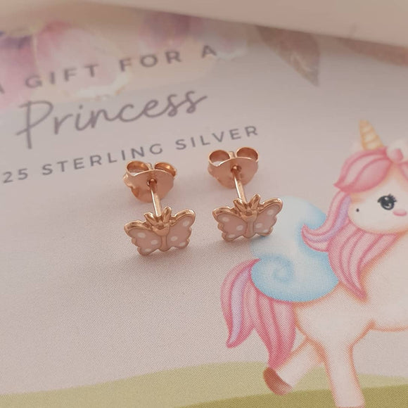 MG173 - Rose Gold Plated 925 Sterling Silver Children's Butterfly Earrings, 7x6mm