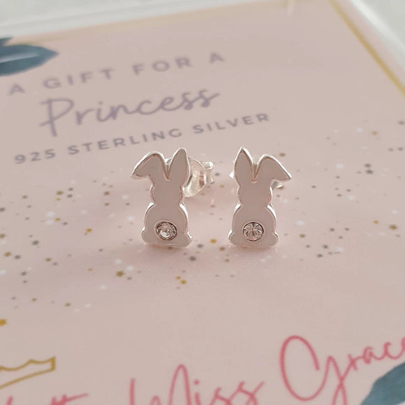 MG70 - 925 Sterling Silver Children's Crystal Rabbit Earrings, 7x9mm