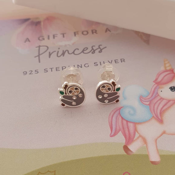 MG127 - 925 Sterling Silver Children's Sloth Crystal Earrings, 8x7mm